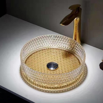 i bacini di vetro della nave di 360mm spazzolano la ciotola del lavandino del vetro trasparente dell'hotel del fondo dell'oro