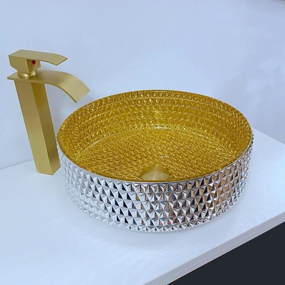 L'oro Shinning Crystal Glass Wash Basin Cylindrical modella i lavandini della nave del bagno