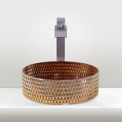 Lavabo in vetro liscio con lavello da appoggio in metallo di montaggio di forma rotonda
