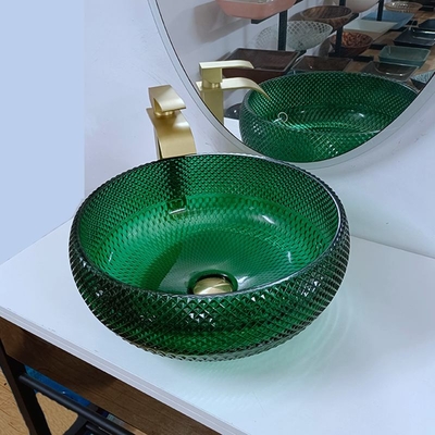 Vanità di vetro verde Diamond Mordern Round Bathroom dei bacini della nave