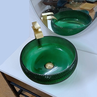 Vanità di vetro verde Diamond Mordern Round Bathroom dei bacini della nave