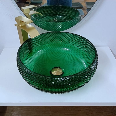 Vanità di vetro verde Diamond Mordern Round Bathroom dei bacini della nave