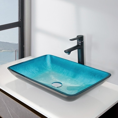 Lavandini blu di vetro temperato 560 * 360 * 110mm della nave di rettangolo con il rubinetto
