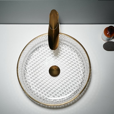 Lavandino di vetro rotondo della nave del bagno del lavabo del bordo dell'oro 45mm