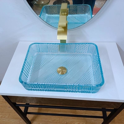 460mm Lunghezza Vaso rettangolare Lavabo Bagno di vetro 330mm Larghezza Acqua Blu