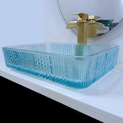 460mm Lunghezza Vaso rettangolare Lavabo Bagno di vetro 330mm Larghezza Acqua Blu