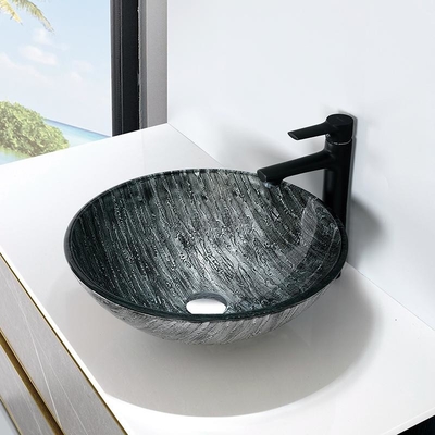 Incisione del disegno superiore della mano del lavandino del bagno del nero del lavabo della tavola rotonda