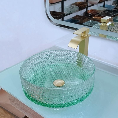 Diamond Shape Crystal Glass Vessel affonda il fondo di verde del lavabo del piano d'appoggio