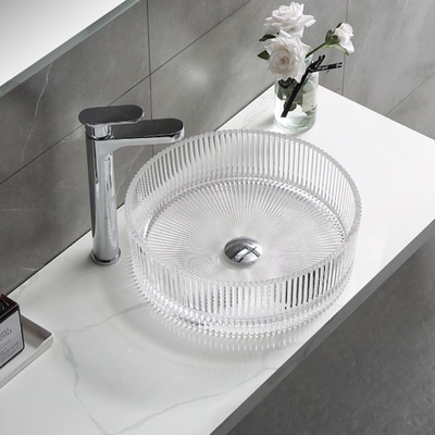 Bande verticali moderne di Crystal Clear Glass Wash Basin che fondono sotto pressione i lavandini del bacino del bagno