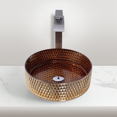 Lavabo da appoggio in vetro da cucina con rivestimento elettrolitico color oro britannico