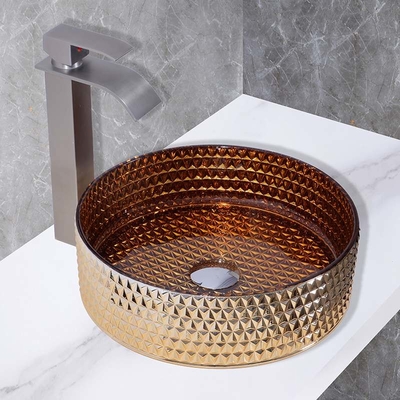 Lavabo da appoggio in vetro da cucina con rivestimento elettrolitico color oro britannico
