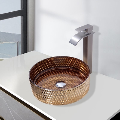Lavabo in vetro liscio con lavello da appoggio in metallo di montaggio di forma rotonda