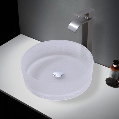 Lavabo in vetro a forma di cilindro con scarico centrale Posizione bacini in vetro acidato opaco