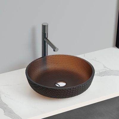 Matt Gold Tea Round Glass Wash Basin con buco di scarico di 45 mm e 1,75 pollici